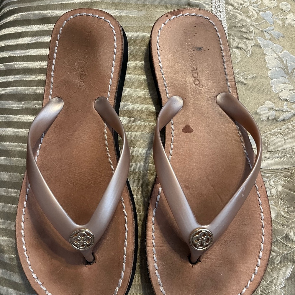 Bernardo Tan Flip-Flop Sandals with Gold Accent